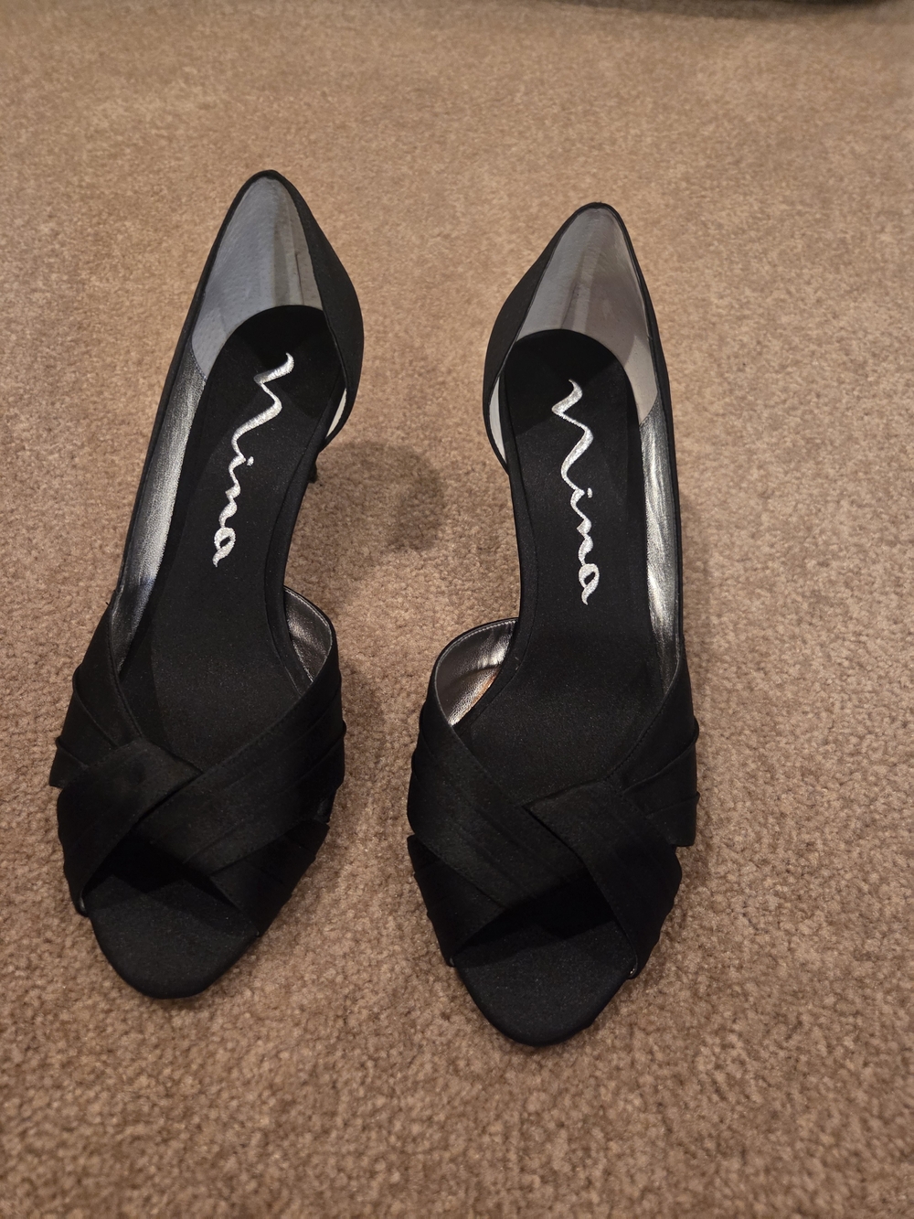Nina Culver Black Satin Peep-Toe Kitten Heels